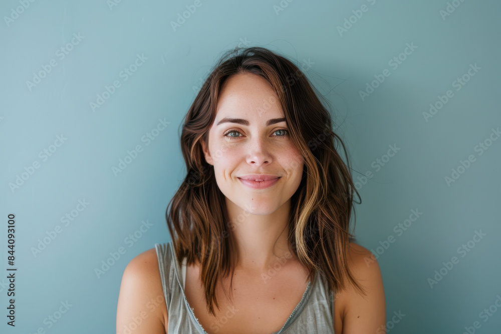 A close up portrait of a young woman with a subtle smile A close up portrait of a young woman with a subtle smile