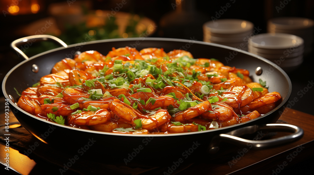 Tteokbokki or Hot and Spicy Rice Cake Korean food in hot bowl on the table in korea restaurant background Tteokbokki or Hot and Spicy Rice Cake Korean food in hot bowl on the table in korea restaurant background