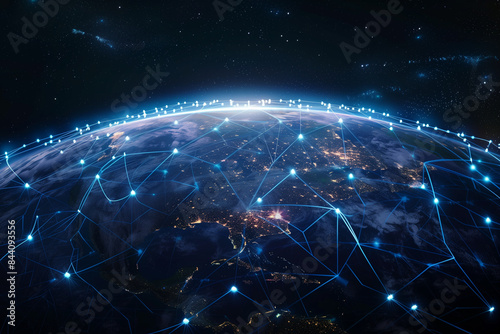 The 3D rendering of Earth with digital connections showcases the technological advancements that bridge distances and unite us
