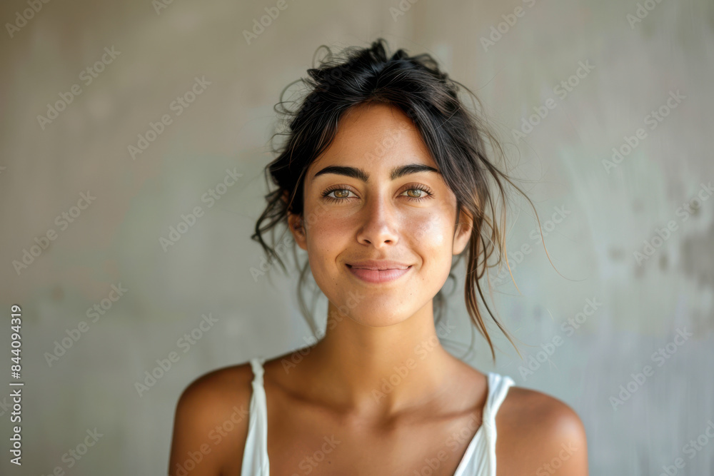 A close up portrait of a young woman with a subtle smile A close up portrait of a young woman with a subtle smile