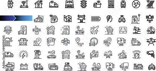 Road line icon set. Road sign, fence, highway, highway and car traffic.