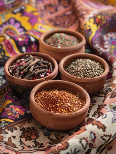 A close-up view of traditional Moroccan spices arranged in small clay bowls, resting on a colorful fabric backdrop. Generative AI