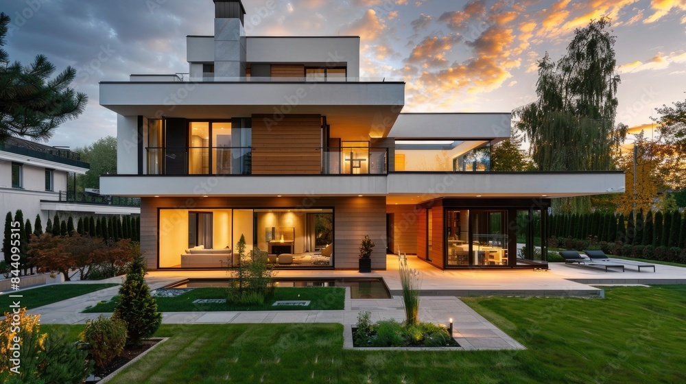 Modern two-storey house with a flat lawn in the yard Stock Photo ...