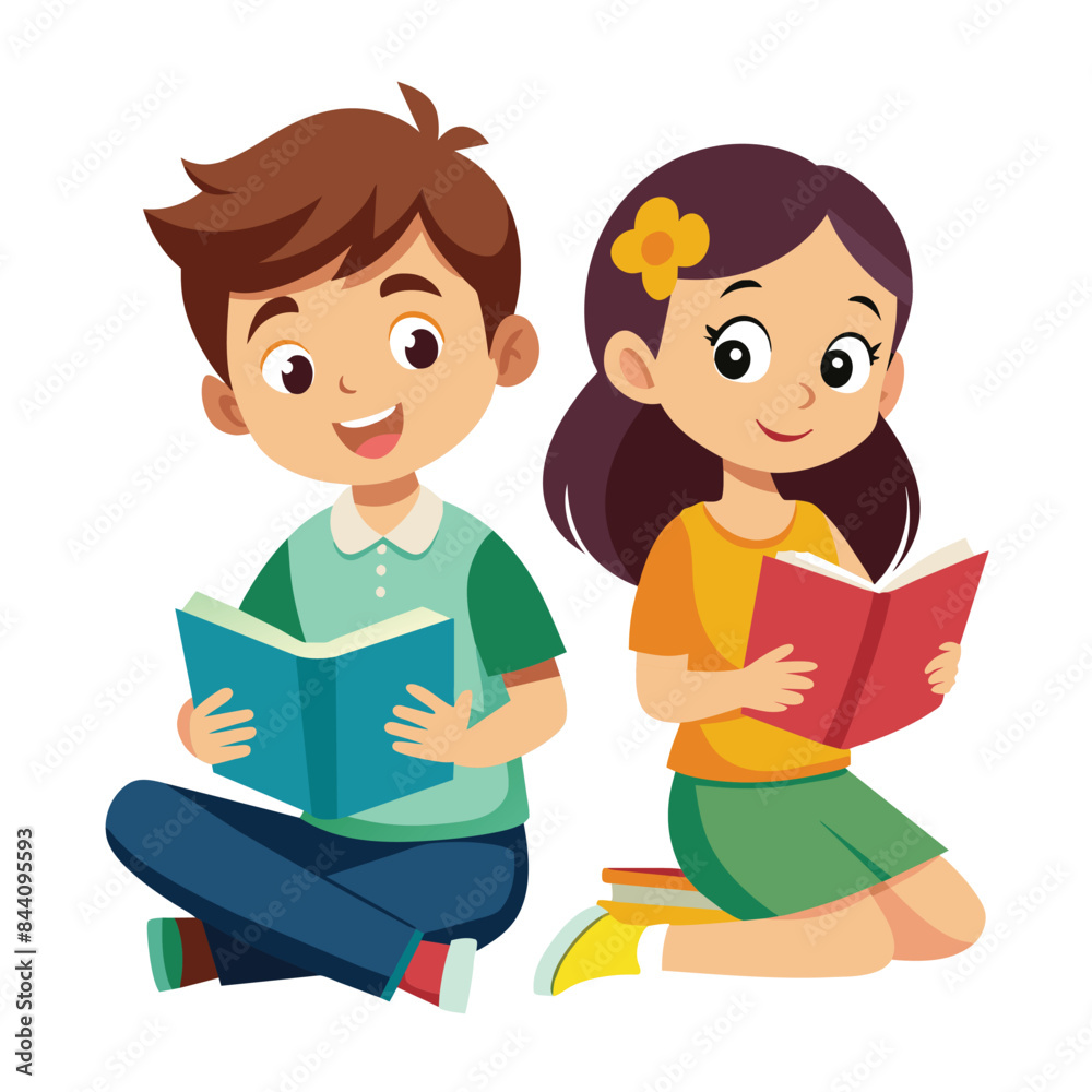 a boy and girl sit on the ground, reading books a boy and girl sit on the ground, reading books