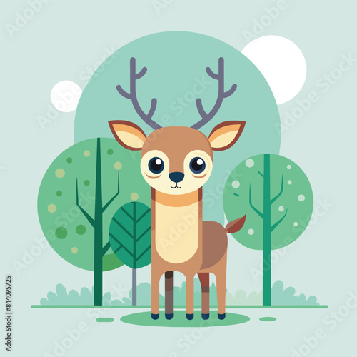 Cute kawaii fawn deer calf in a magical forest. Flat vector illustrati