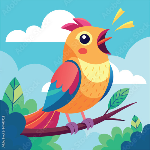 A colorful bird is sitting on a branch with a bubble in the background

