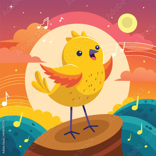 a cartoon of a bird with a sunset in the background