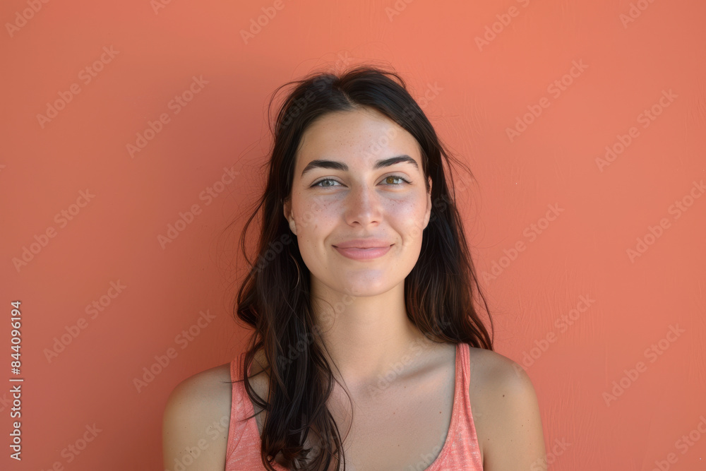 A close up portrait of a young woman with a subtle smile A close up portrait of a young woman with a subtle smile