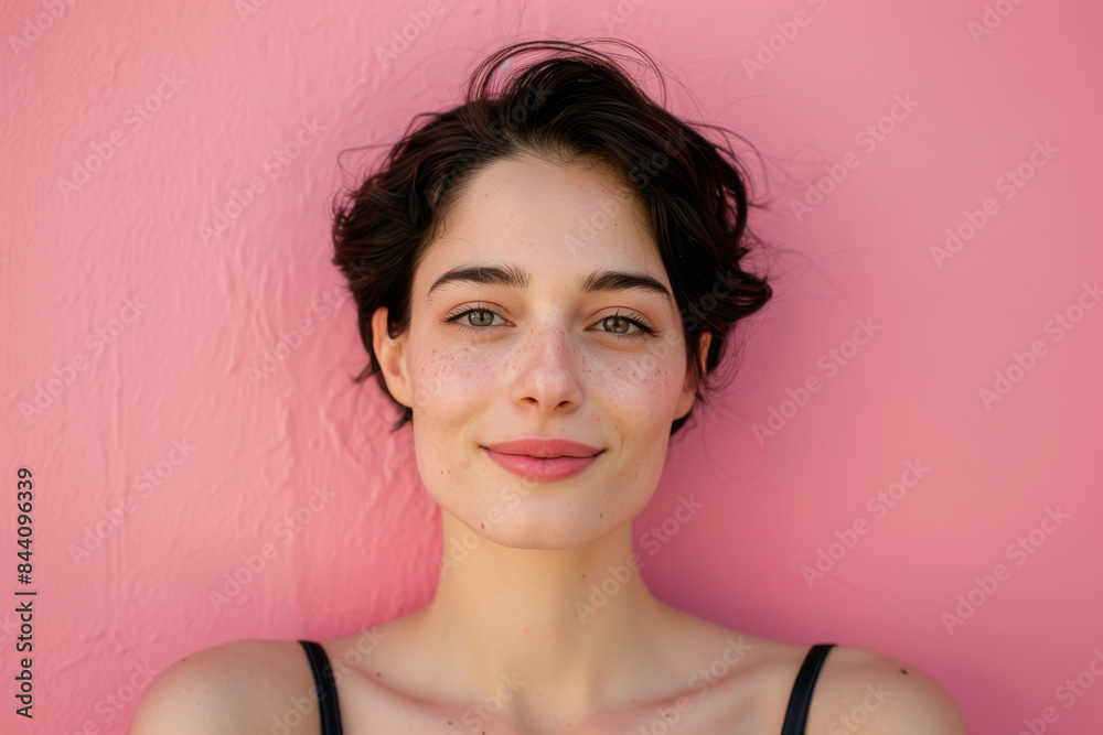 A close up portrait of a young woman with a subtle smile A close up portrait of a young woman with a subtle smile