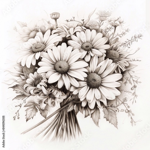 Black and white Bouquet of daisies drawn with pencils in a realistic style on white background  photo