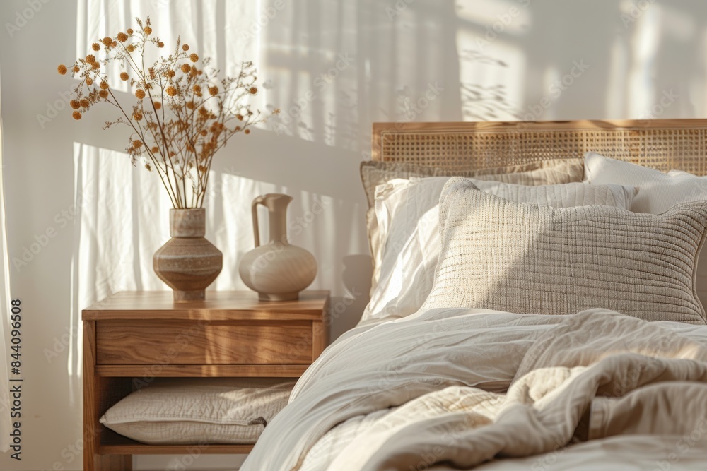 Japandi Bedroom With Wooden Nightstand Japandi Bedroom With Wooden Nightstand