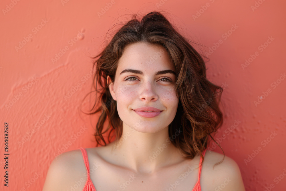 A close up portrait of a young woman with a subtle smile A close up portrait of a young woman with a subtle smile