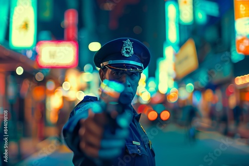 Man wearing Police officer uniform holding pistol waist-high photography in the center of photo, blur city background © Садыг Сеид-заде