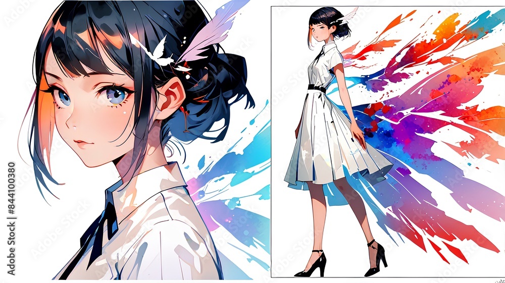 Long-haired anime girl with black hair and vivid, colorful wings, showcasing a whimsical and fantastical appearance. Long-haired anime girl with black hair and vivid, colorful wings, showcasing a whimsical and fantastical appearance.