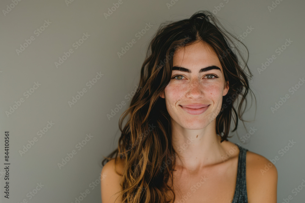 A close up portrait of a young woman with a subtle smile A close up portrait of a young woman with a subtle smile