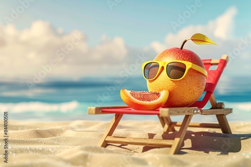 Grapefruit with sunglasses lounging on a beach chair in a 3d render