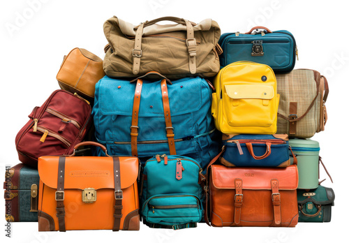 A pile of luggage with a variety of colors and sizes photo