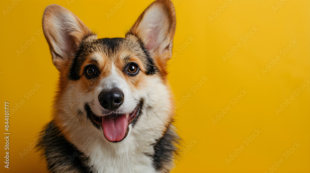 Close up portrait of happy smiling corgi dog. Cute welsh corgi isolated on yellow background with copy space. Banner for pet shop. Pet care and animals concept for poster, ads, card Close up portrait of happy smiling corgi dog. Cute welsh corgi isolated on yellow background with copy space. Banner for pet shop. Pet care and animals concept for poster, ads, card