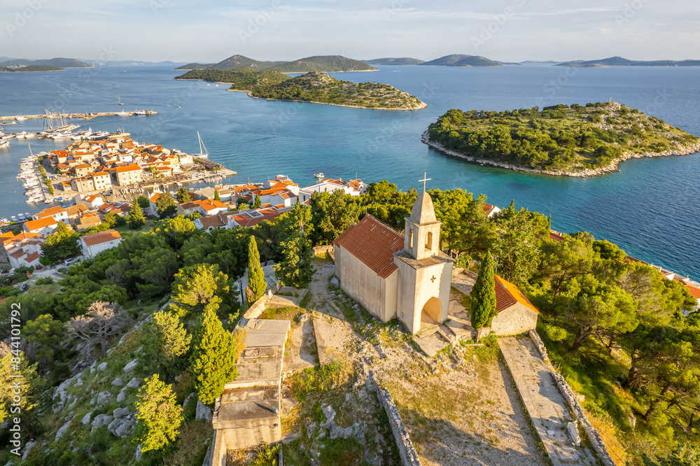 St. Nicholas church and the old town of Tribunj in Dalmatia region of Croatia