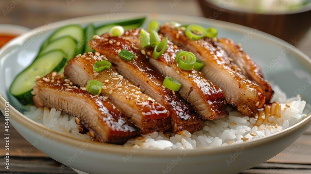 Crispy pork belly arranged on white rice, topped with thick soy sauce, green onions, and cucumber slices for garnish. Crispy pork belly arranged on white rice, topped with thick soy sauce, green onions, and cucumber slices for garnish.