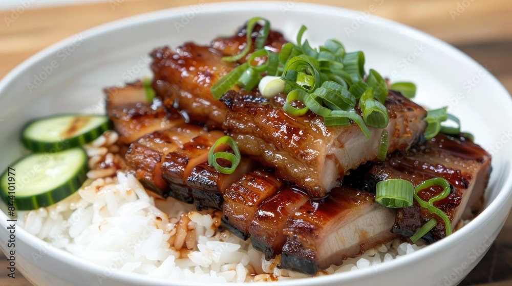 Crispy pork belly arranged on white rice, topped with thick soy sauce, green onions, and cucumber slices for garnish. Crispy pork belly arranged on white rice, topped with thick soy sauce, green onions, and cucumber slices for garnish.