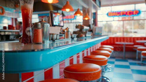 A classic diner counter with orange vinyl stools and a tall glass of red soda on the countertop