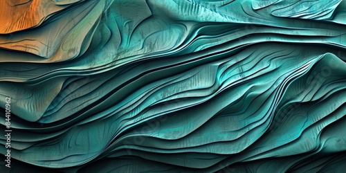 Wood carved art background  - Abstract closeup of detailed organic turquoise aquamarine wooden waving waves wall texture banner wall, Generative AI photo