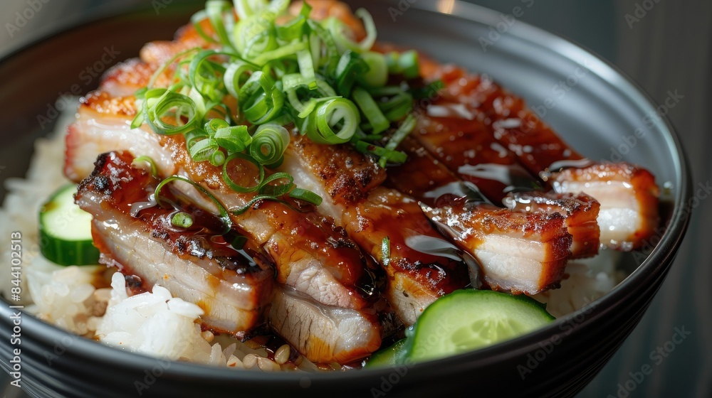 Delicious crispy pork belly arranged on steamed rice, drizzled with savory soy sauce, topped with green onions and cucumber slices.