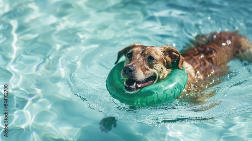 Dog happily biting a green rubber ring while swimming in a pool, clear blue water.