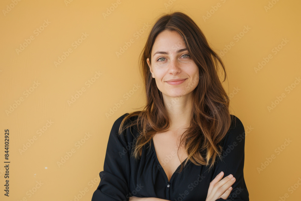 A close up portrait of a young woman with a subtle smile A close up portrait of a young woman with a subtle smile