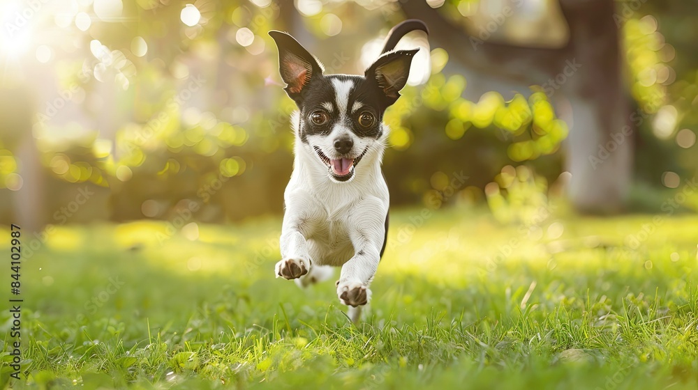 Energetic black and white Chihuahua leaping for a treat, sunny park background. Energetic black and white Chihuahua leaping for a treat, sunny park background.