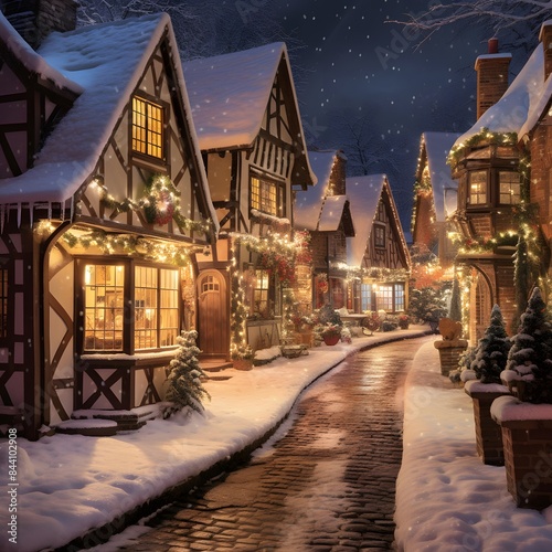 Winter night in european town. Christmas and New Year.