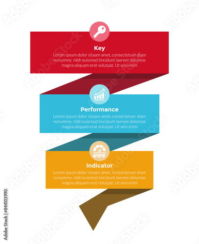 KPI key performance indicator infographics template diagram with vertical ribbon wave with 3 point step design for slide presentation