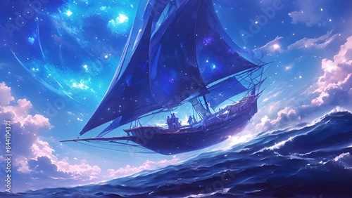 A ghostly sloop slipping through the endless cosmic void its ghastly crew forever bound to their ethereal vessel. photo