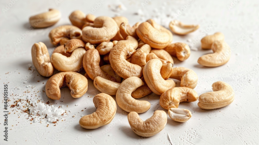 Cashew nuts that have been roasted and salted on a white surface Cashew nuts that have been roasted and salted on a white surface