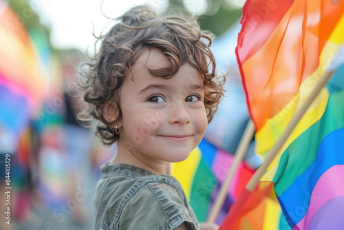 happy child holding LGBTQ flags, festival