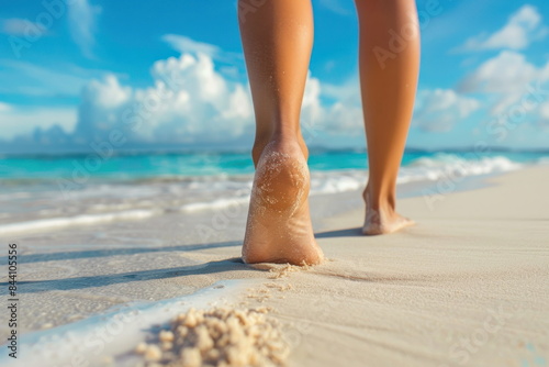 Closeup of woman feet walking on sand beach, white sand, beautiful beach