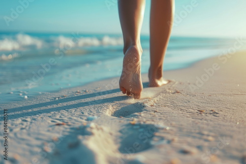 Closeup of woman feet walking on sand beach, white sand, beautiful beach