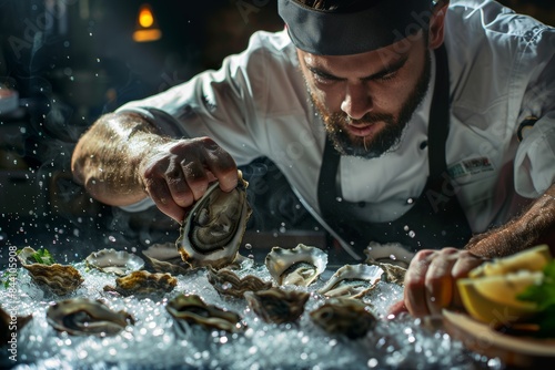Chef Shucking Fresh Oysters in a Restaurant Kitchen photo