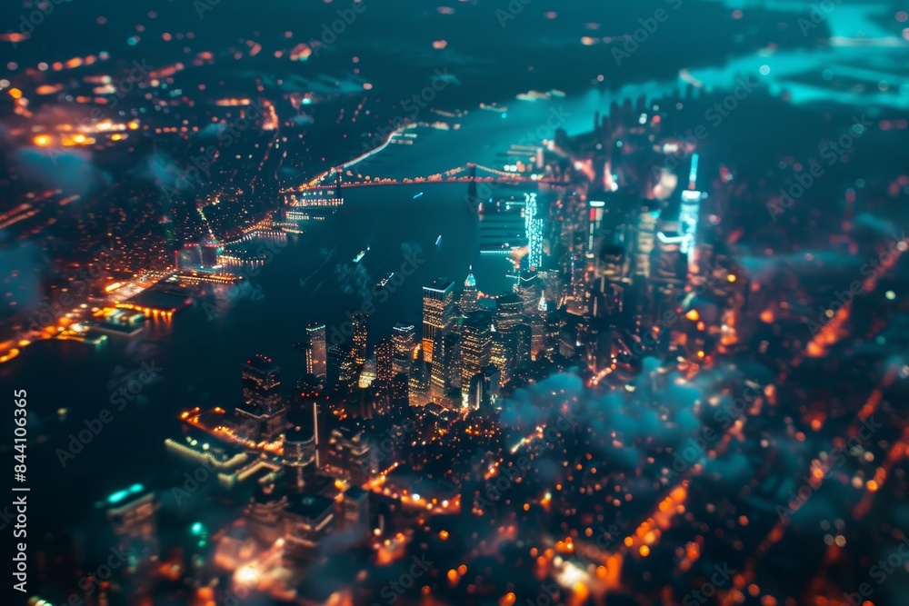 Naklejka premium Urban cityscape views from airplanes at night offering spectacular aerial perspectives