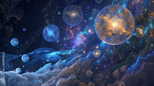 abstract cosmic scene with floating glowing spheres and vibrant star formations