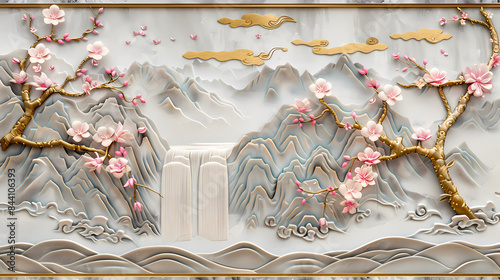 Volumetric stucco molding on a concrete wall with golden elements, Japanese landscape, waterfall, mountains, sakura colorful
