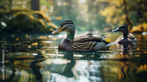 A beautiful duck swims in a tranquil pond surrounded by nature, AI Generative. © Miry Haval