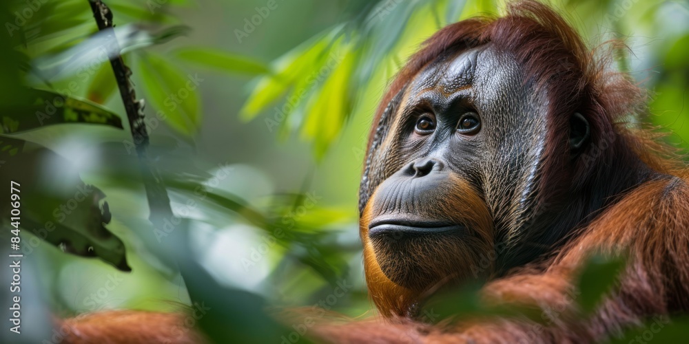 Fototapeta premium A close-up of an orangutan in a fragmented forest, illustrating the impact of deforestation on its habitat