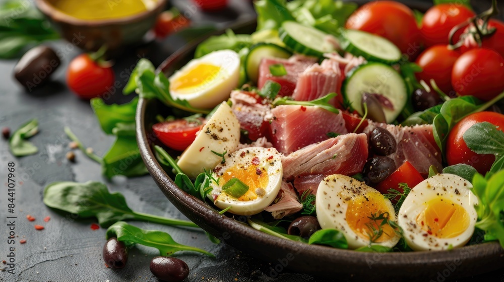 Traditional French Nicoise Salad with Fresh Ingredients and Tuna Close Up Shot with Space for Text Traditional French Nicoise Salad with Fresh Ingredients and Tuna Close Up Shot with Space for Text