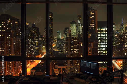 Cityscape seen through office windows at night, urban office views for a scenic night ambiance