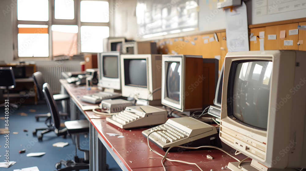 An empty office with old computers from the early 1990s. showing signs of use and age An empty office with old computers from the early 1990s. showing signs of use and age