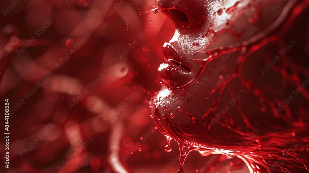 Hypnotic close-up of a dynamically illuminated face splattered with striking red liquid, highlighting an abstract art form in modern photography Hypnotic close-up of a dynamically illuminated face splattered with striking red liquid, highlighting an abstract art form in modern photography