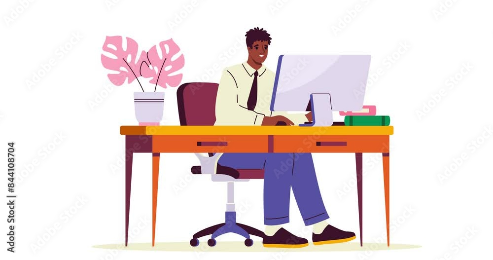 Office worker at desk. Moving banner with happy male company employee or entrepreneur working on computer. Freelancer works online or remotely in comfortable workspace. Graphic animated cartoon video Office worker at desk. Moving banner with happy male company employee or entrepreneur working on computer. Freelancer works online or remotely in comfortable workspace. Graphic animated cartoon video