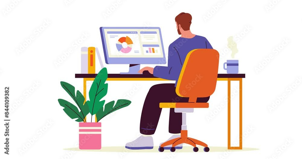 Office worker at desk. Moving banner with male accountant or CEO specialist working on computer, analyzing graphs and diagrams. Company employee in comfortable workspace. Flat animated cartoon video